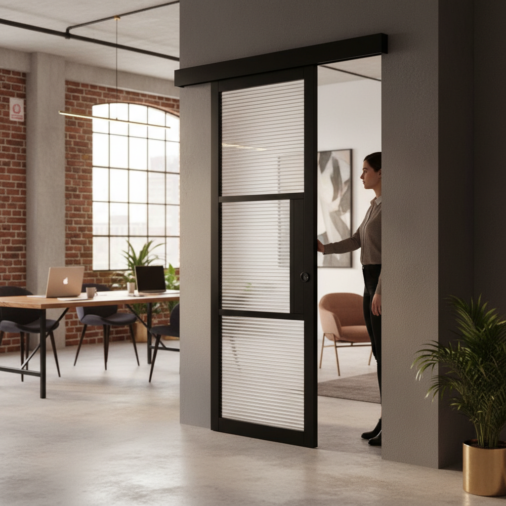 Premium Reeded Glazed Sliding Door Set with 2m Anodized Aluminum Track and Wall-Mounted Pelmet Kit