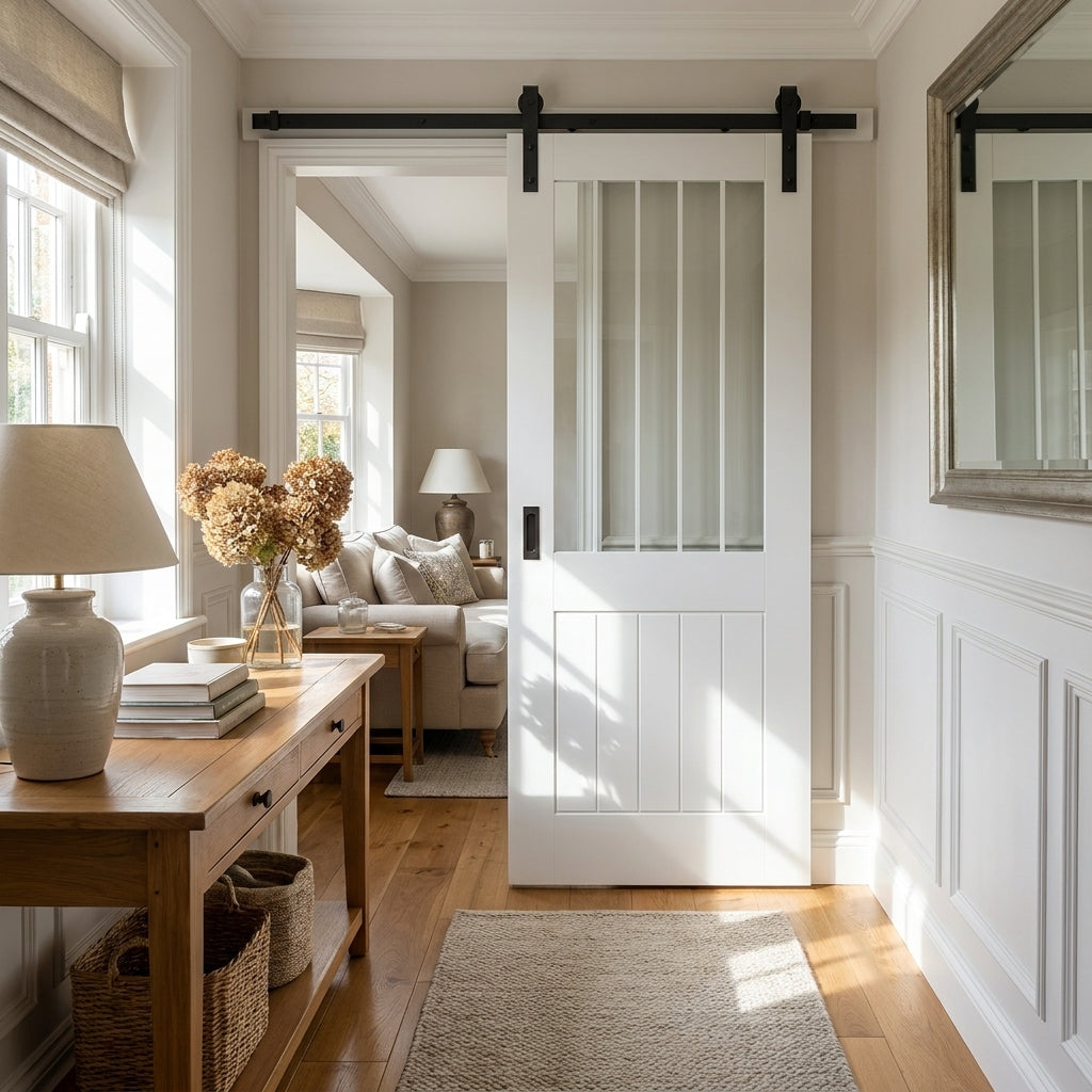 Cottage 1 Light Sliding Internal Door with Etched Clear Glass, Primed Finish