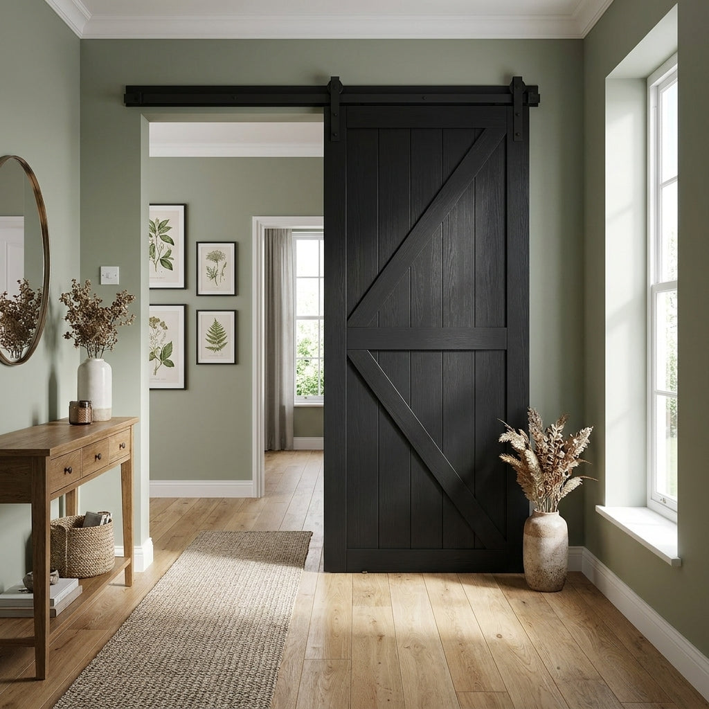 Black Internal Sliding Barn Door, Primed Finish, Z Brace, Top Mounted