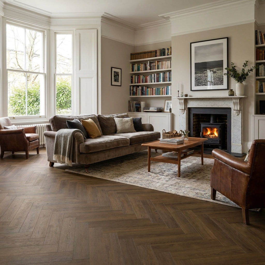 Dusk Oak Herringbone Laminate Flooring, 12mm Thick, Finish