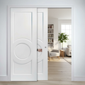 Premium White Telescopic Pocket Door System with Curved Panels and Synchronization Option for Space-Saving Solutions