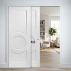 Premium White Telescopic Pocket Door System with Curved Panels and Synchronization Option for Space-Saving Solutions
