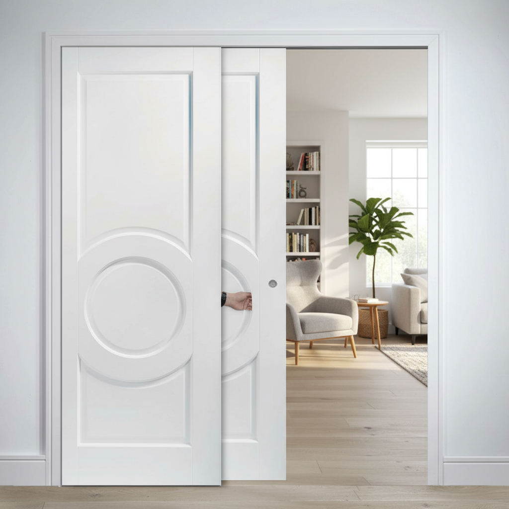 Premium White Telescopic Pocket Door System with Curved Panels and Synchronization Option for Space-Saving Solutions