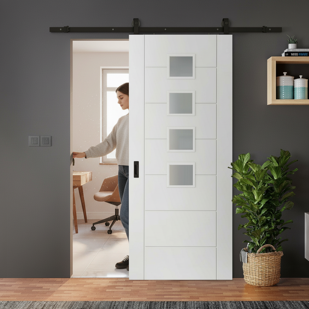 Premium White Internal Primed Sliding Door with 7 Panels and 4 Light Obscure Glass, Perfect for Modern Spaces