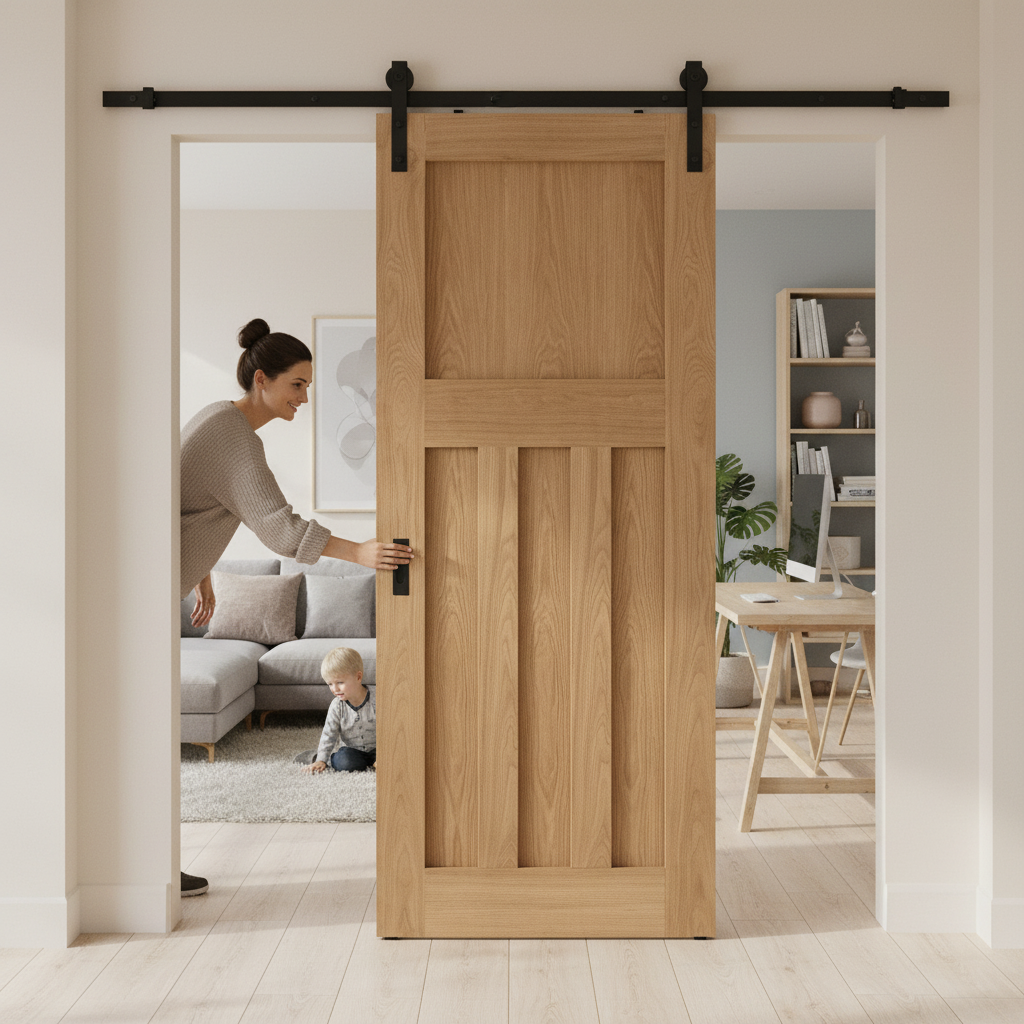 Premium Unfinished Oak Internal 1930's DX 4 Panel Sliding Door with Black Steel Track - Image 2