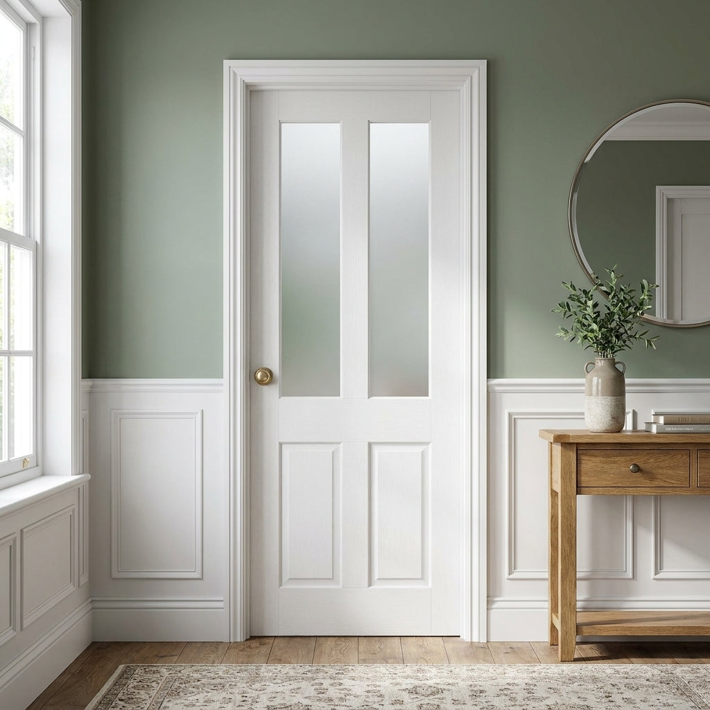 Internal White Primed Victorian Shaker Door 2 Panel 2 Light Obscure Glass