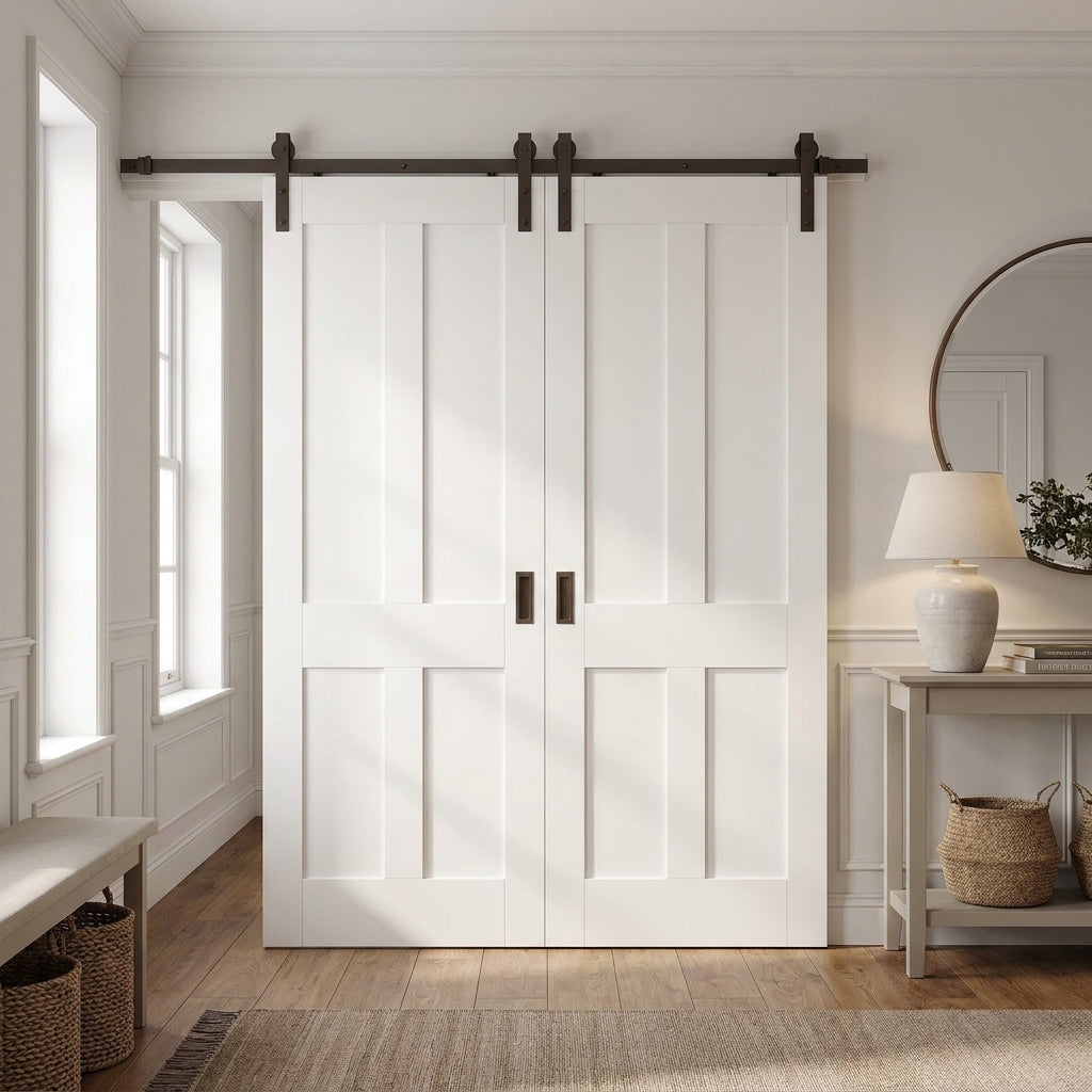 White Primed Victorian Shaker 4 Panel Bypass Sliding Internal Door