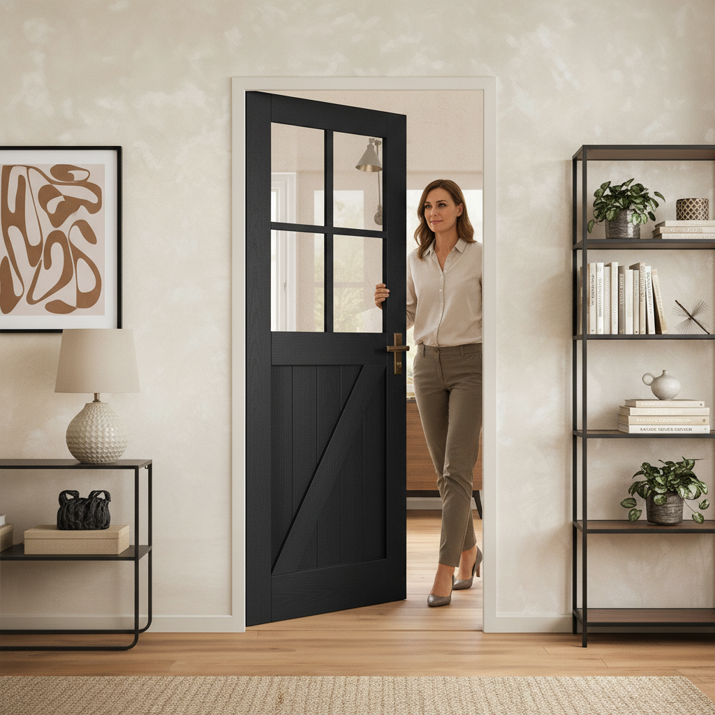 Premium Internal Fully Finished Oak Barn Door with Clear Glass Panels for Modern Rustic Design