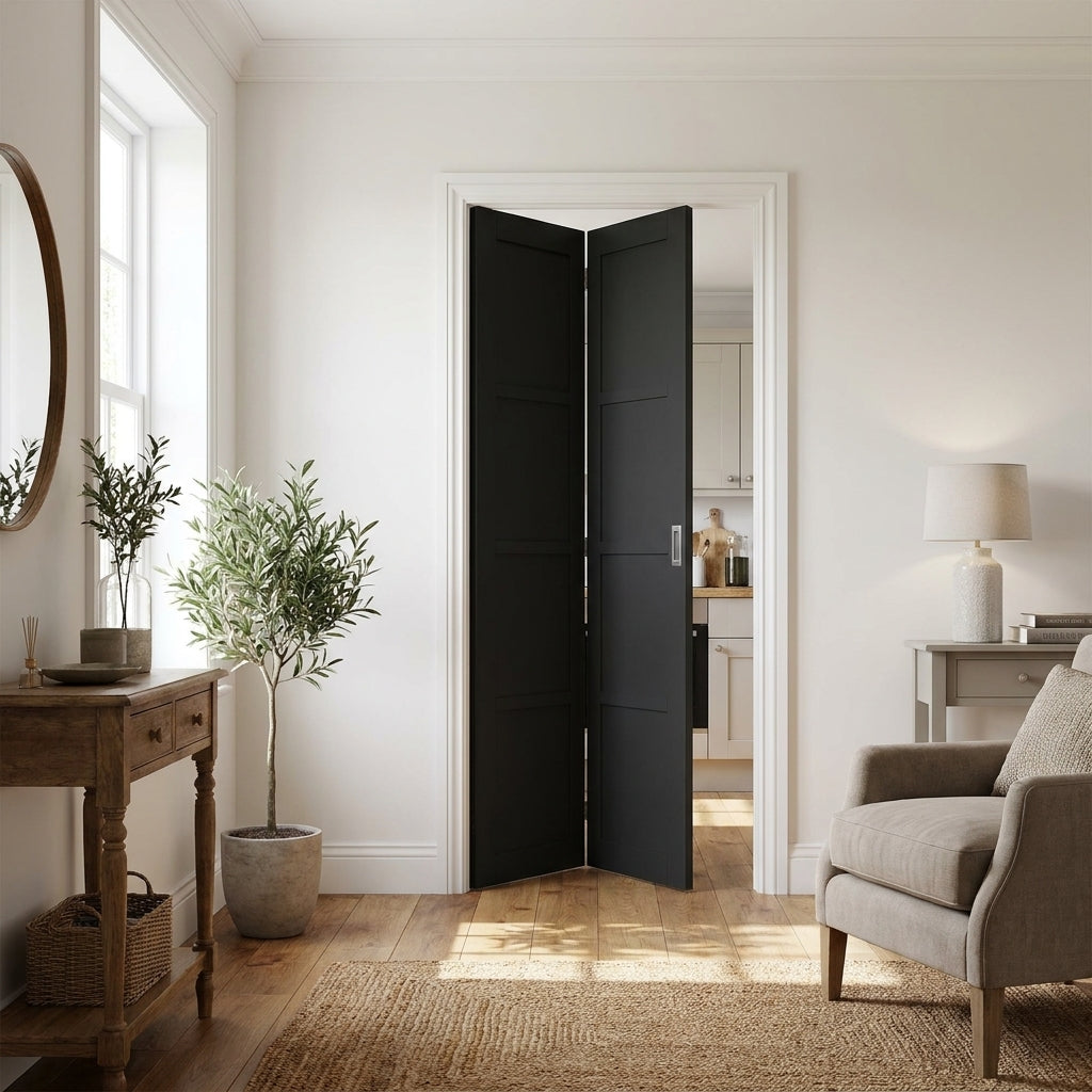 Internal Bi-fold Door, Jet Black, Fully Finished, Solid, 4 Panel Design
