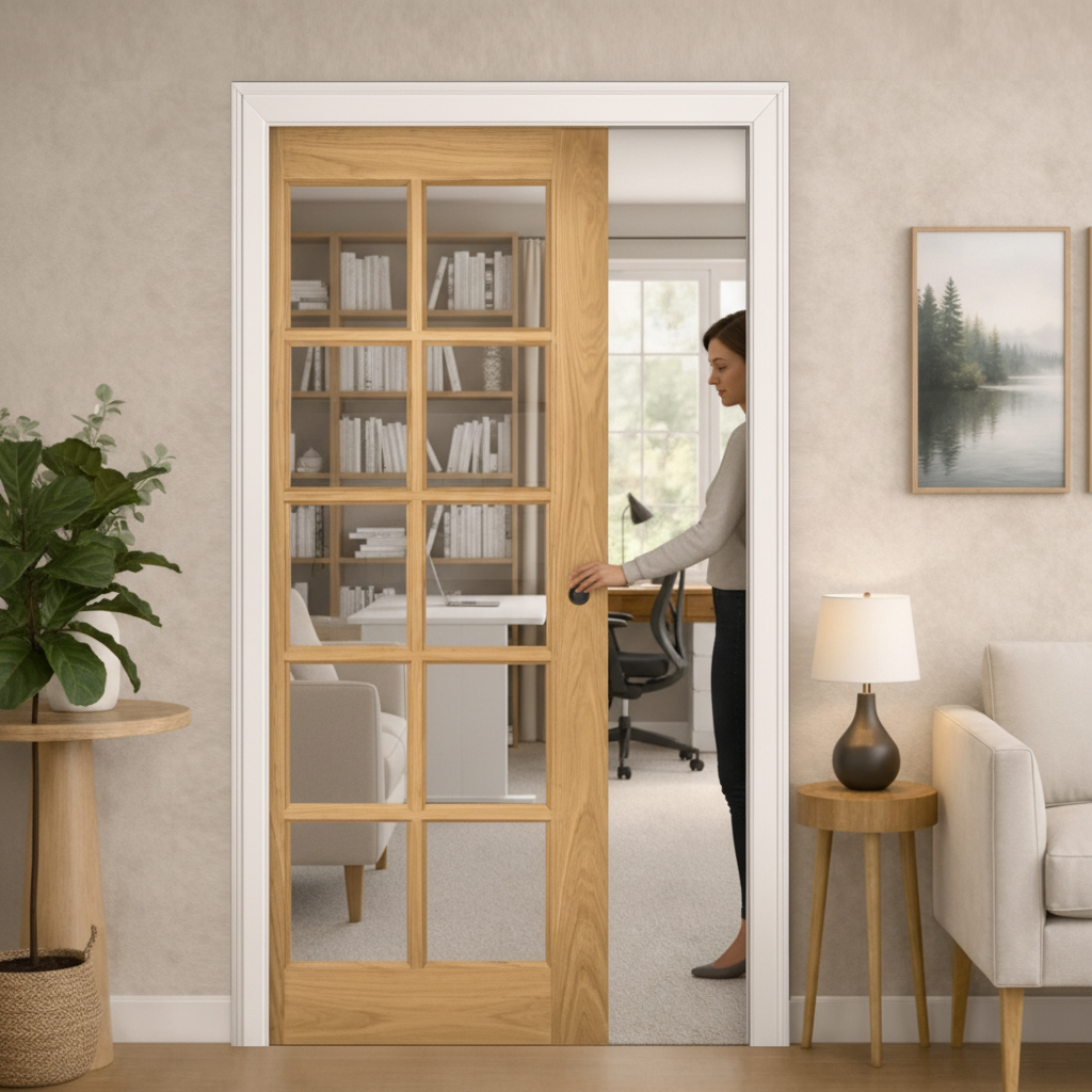 Premium Oak Clear Glazed Pocket Door Set with Galvanised Steel Frame and Adjustable Mechanism for Space-Saving Solutions