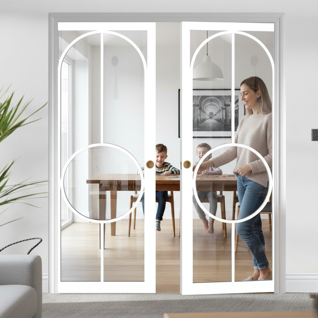 Premium Clear Glazed Double Pocket Door System with Adjustable Jamb Options and Maintenance-Free Track