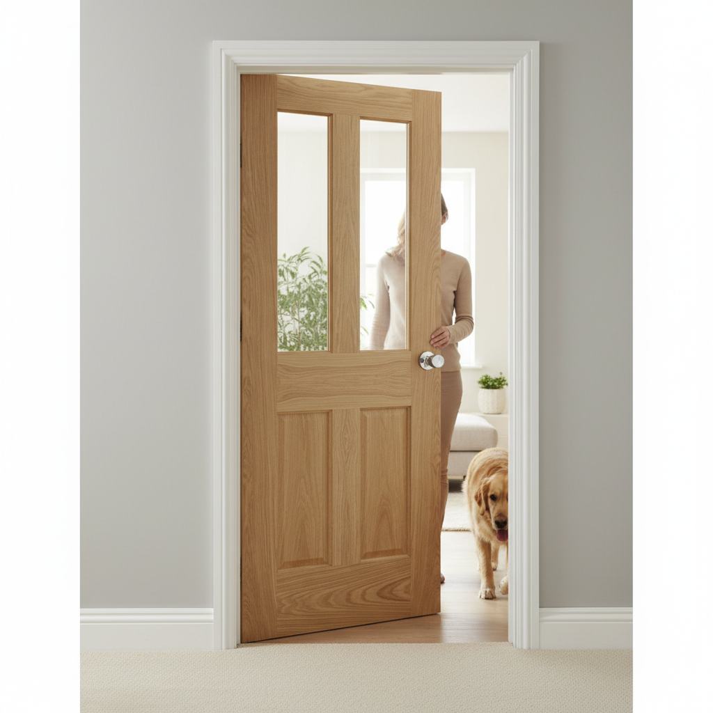 Premium Clear Glazed Internal Door with Raised Mouldings and Real Oak Inlays for Traditional Spaces