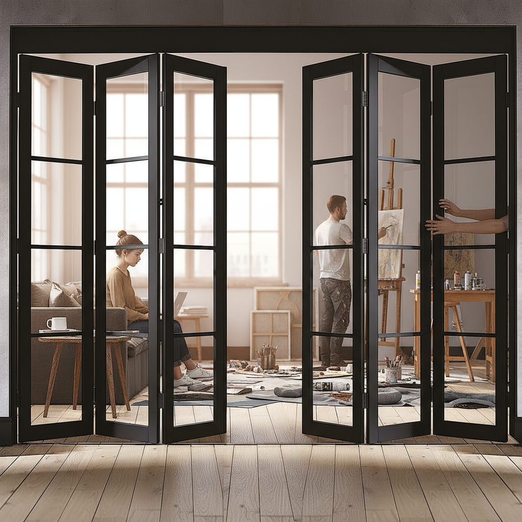 Premium Industrial Style Folding Doors - 6 Door Room Divider with Slim-Profile Frames and Large Glass Panels