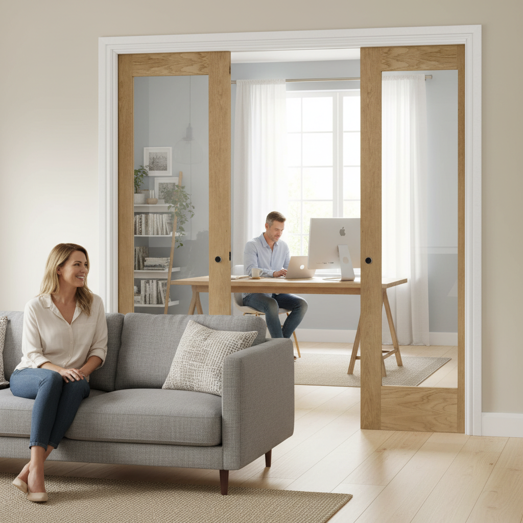 Premium Double Pocket Door System with Clear Glazed Oak Doors and Galvanised Steel Frame for Seamless Installation