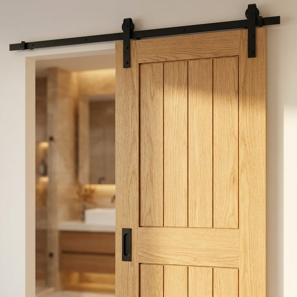Oak Internal Sliding Door Unfinished 1-Panel Pattern Black Top Mounted - detail view