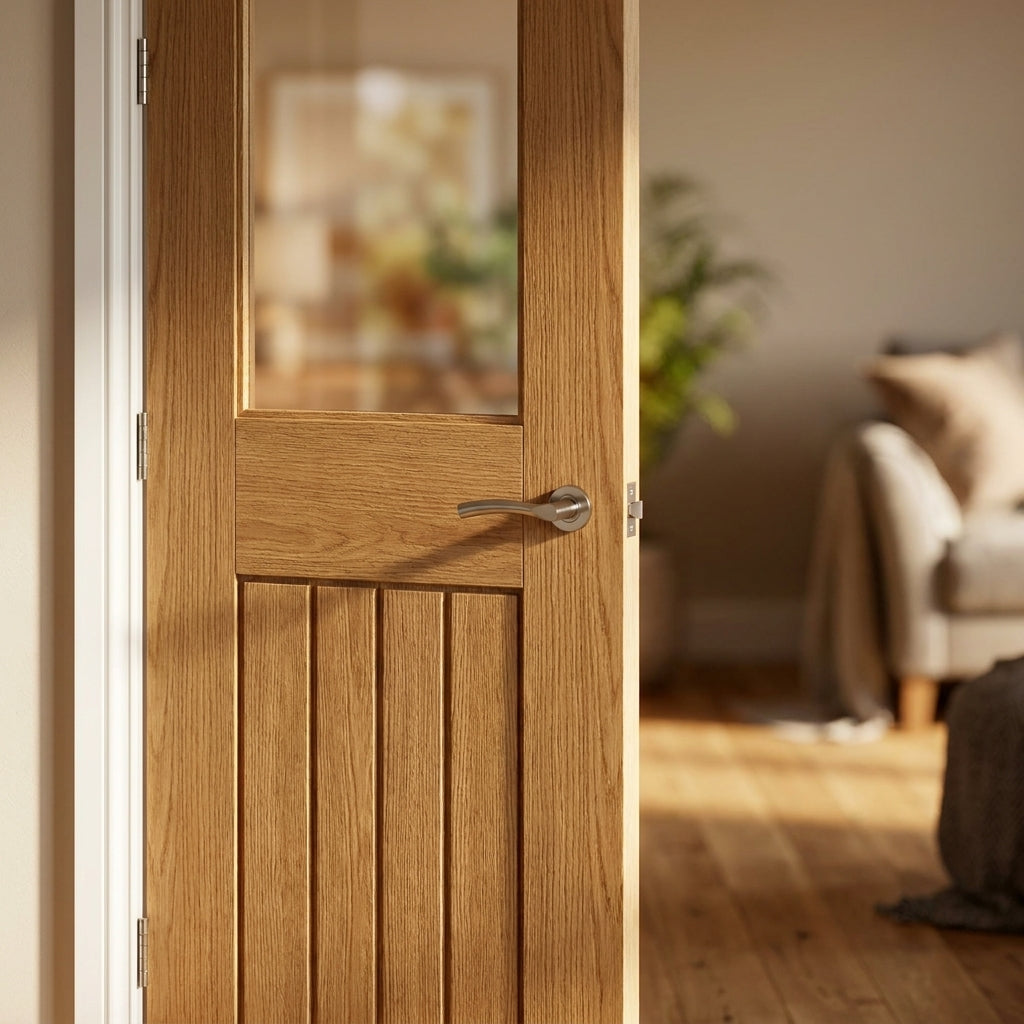 Internal Oak Door Made-to-Measure Unfinished 1930's DX 3 Panel 1 Light Obscure Glass - detail view