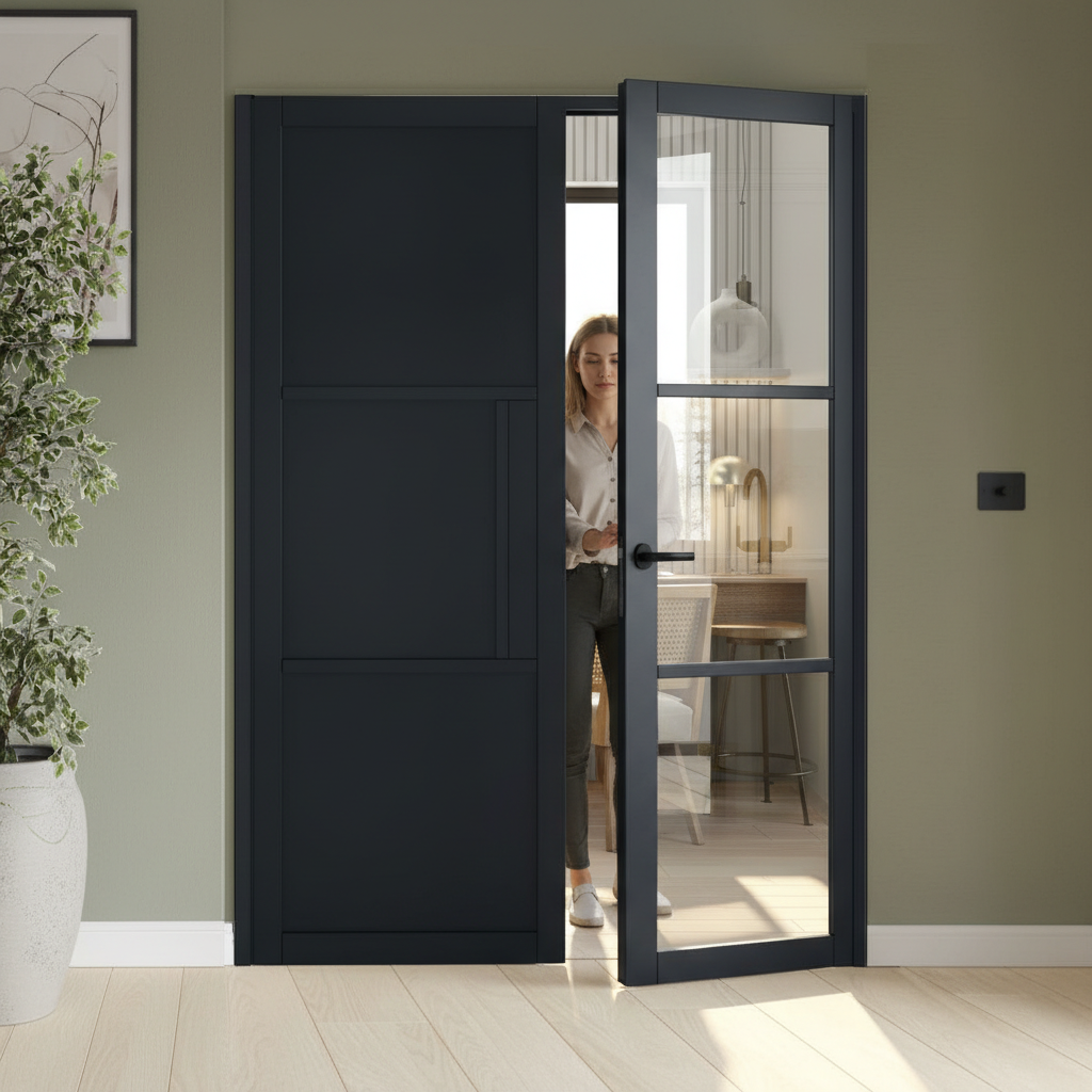 Premium 3 Panel Offset French Doors with Side Panel - Modern Black Design with Large Glass Panes for Bright Spaces