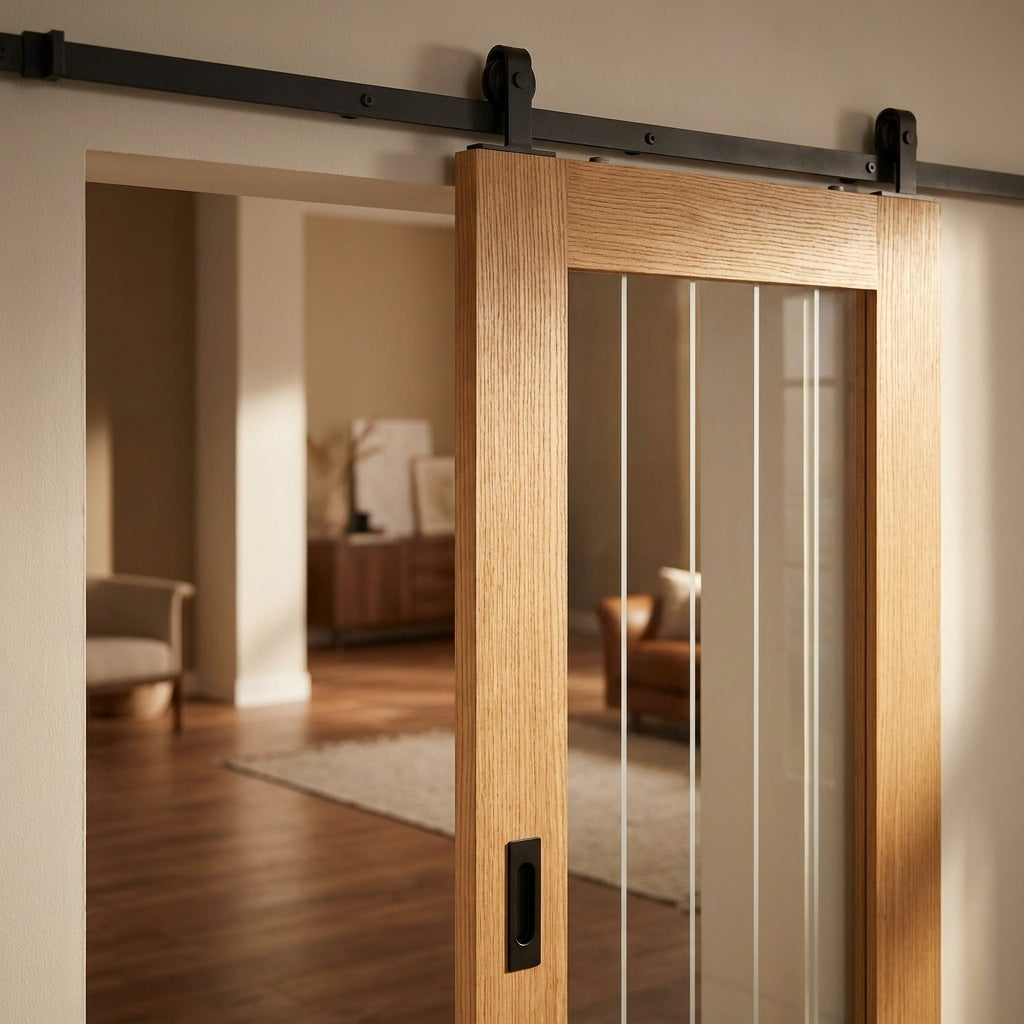 Internal Oak Sliding Door Fully Finished 1 Light Obscure Glass - Black Top Mounted - detail view