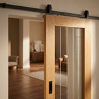Internal Oak Sliding Door Fully Finished 1 Light Obscure Glass - Black Top Mounted - detail view