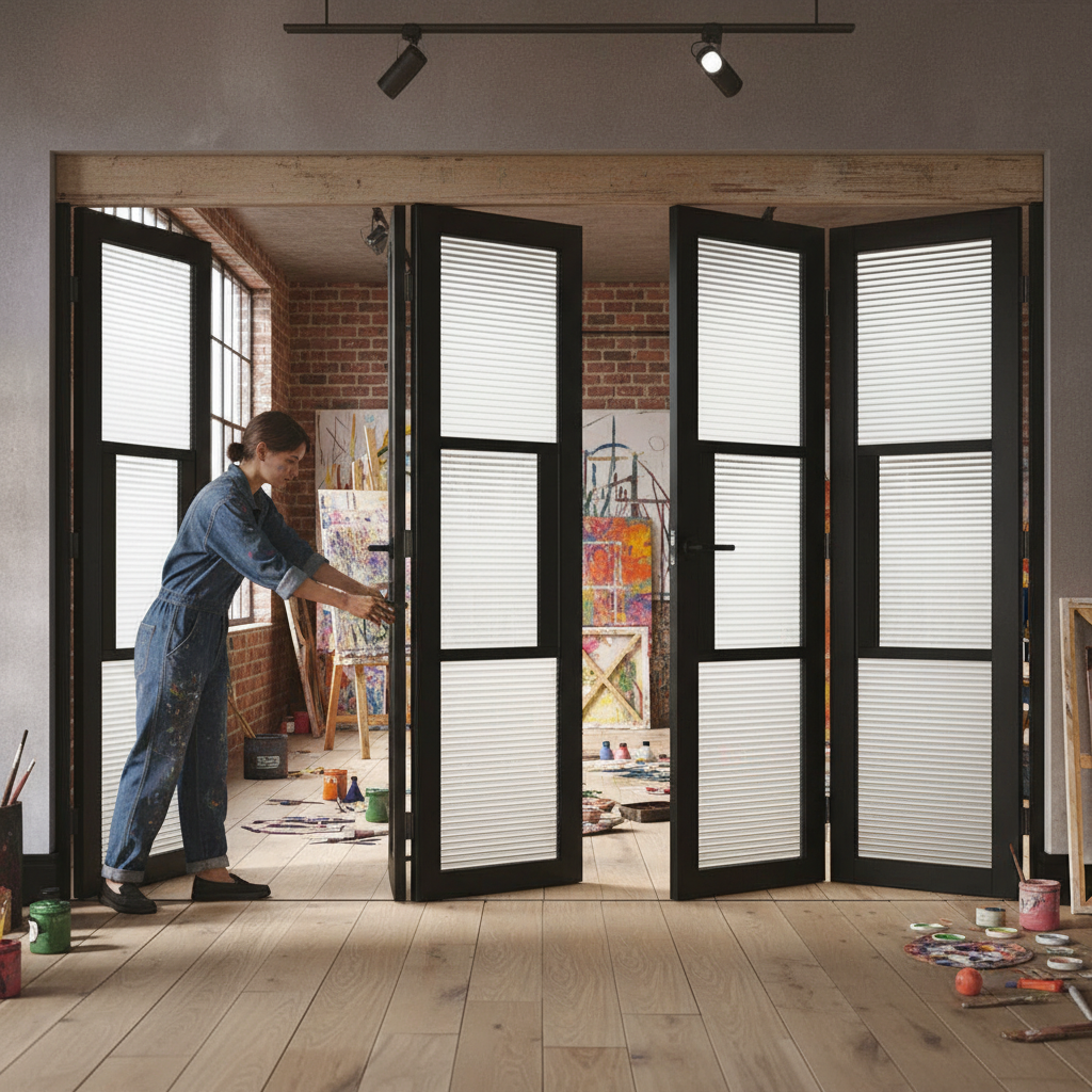Premium Industrial Style Folding Door System with Reeded Glass - 3 to 6 Door Configurations, Matt Black Finish, Top-Hung Installation