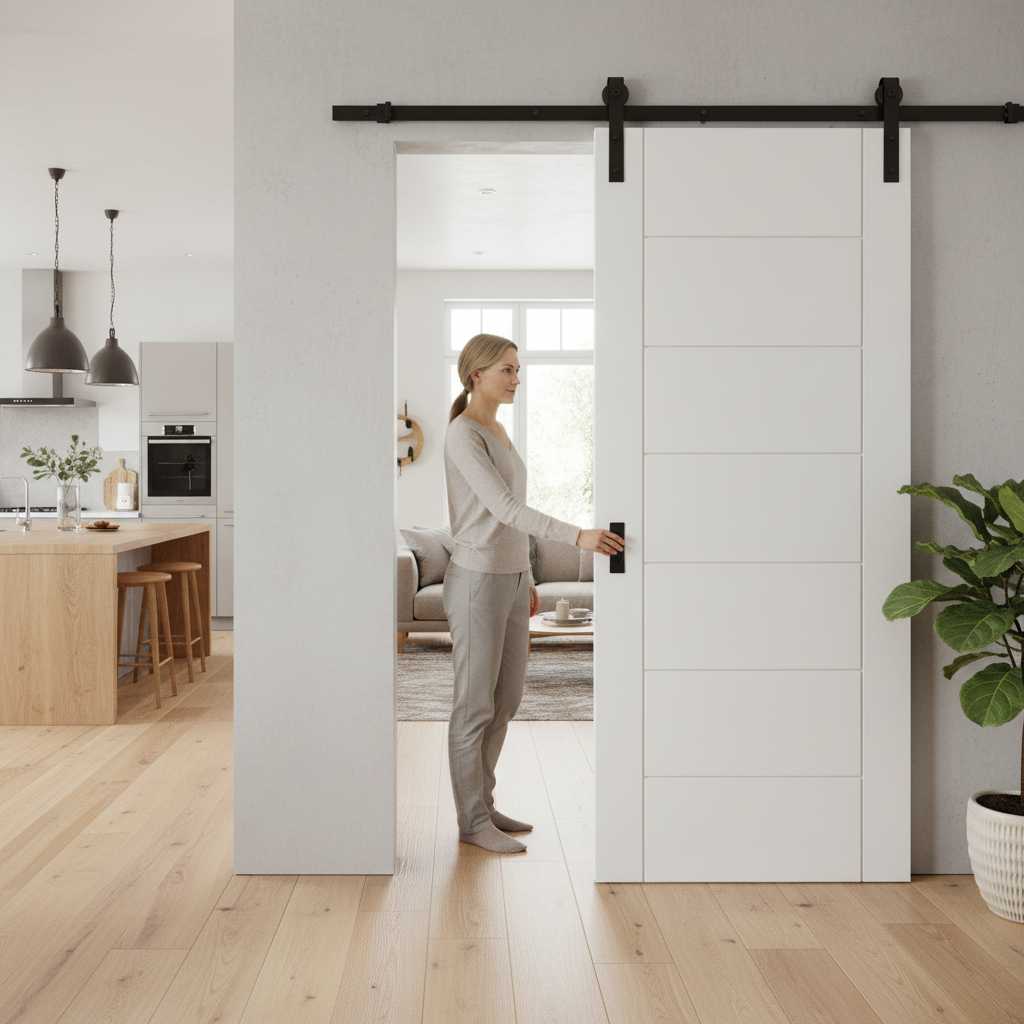 Internal White Primed Shaker Four-Panel Sliding Door Set with Black Steel Track for Space-Saving Design - Image 2