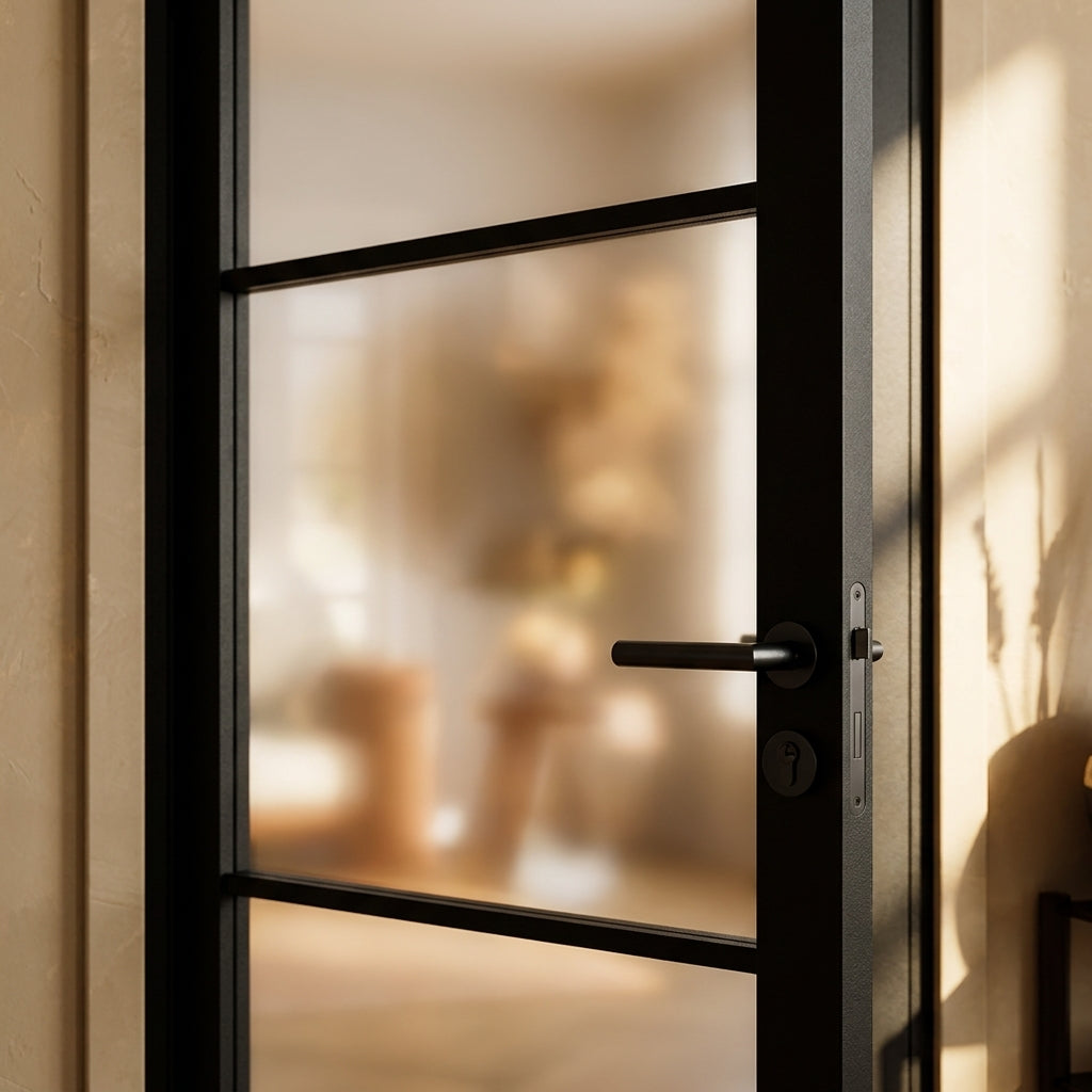 Internal Jet Black Door with 3 Light Obscure Glass, Fully Finished - detail view