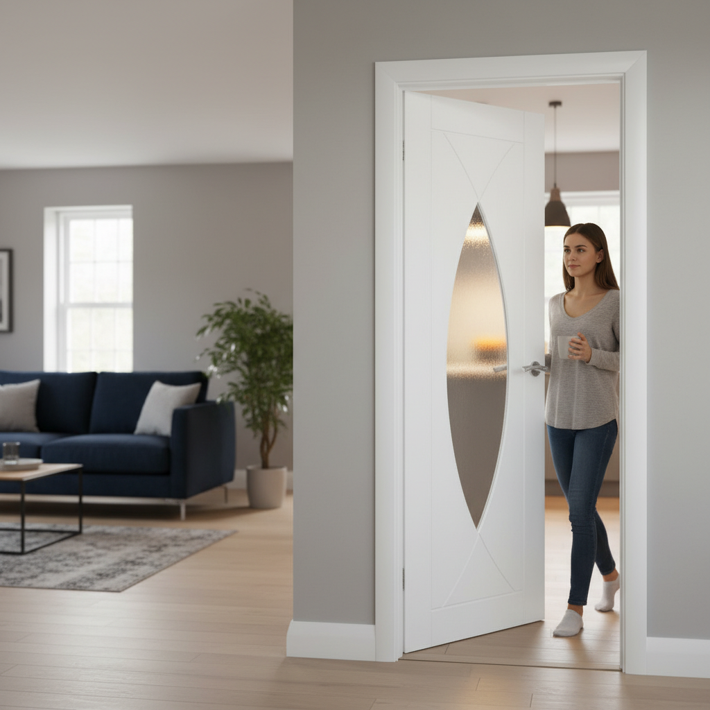 Premium White Glazed Internal Door with Curved Design and Clear Glass for Elegant Home Interiors