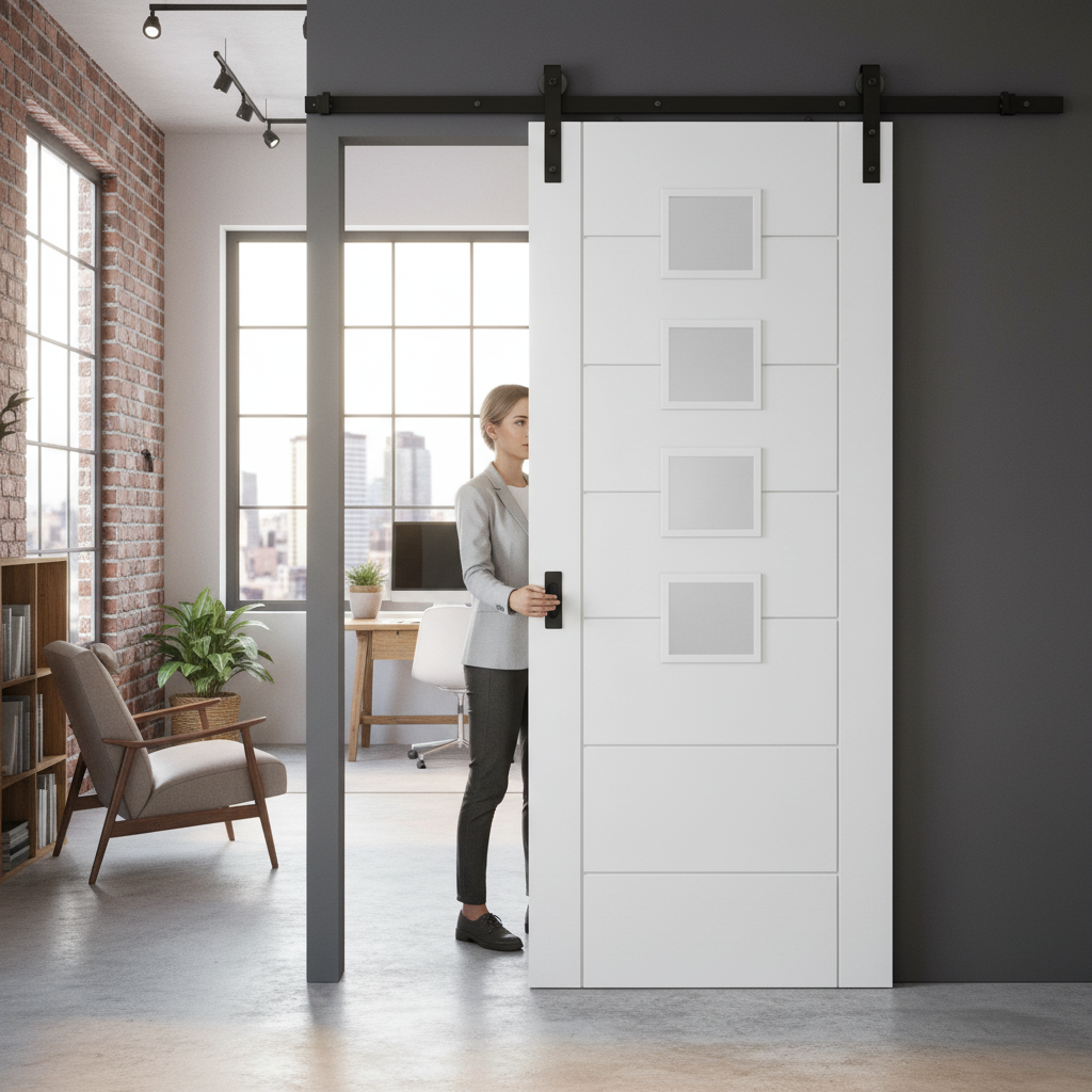 Internal Sliding Door Set with 4 Light Obscure Glass Panels - Minimalist Design for Modern Interiors - Image 2