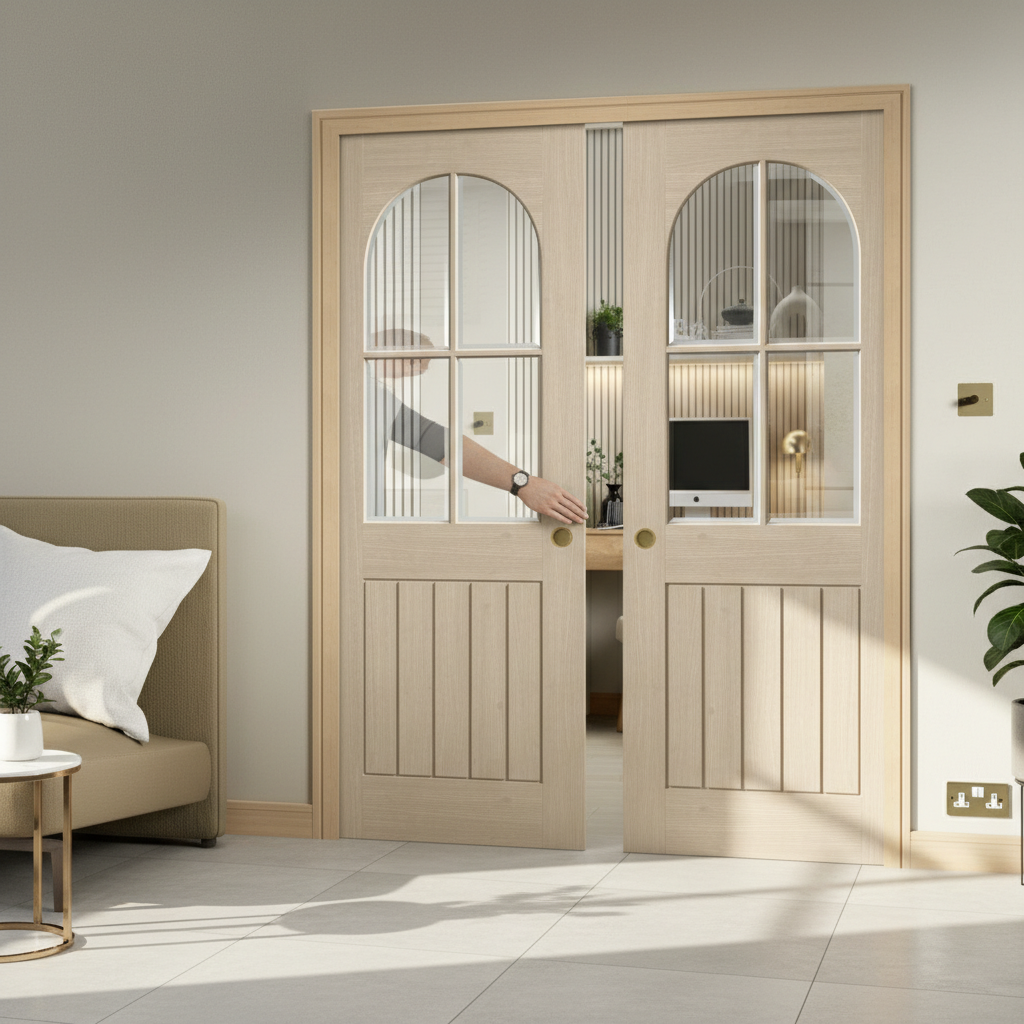 Premium Arched Square Top 4L Double Pocket Door System with Bevelled Glazing and Galvanised Steel Frame