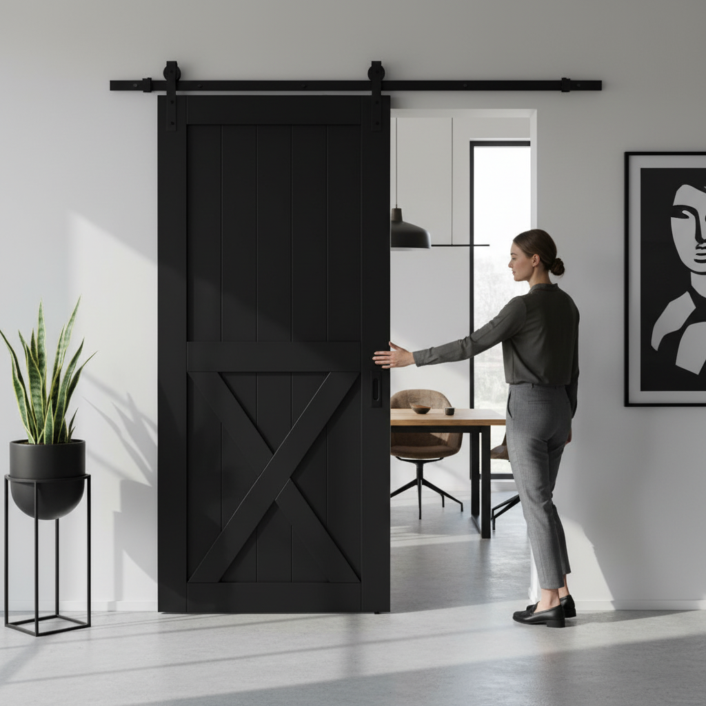 Premium Internal Primed 1 Panel X Brace Sliding Barn Door - High-Quality Timber with Black Top-Mounted Hardware for Modern Interiors