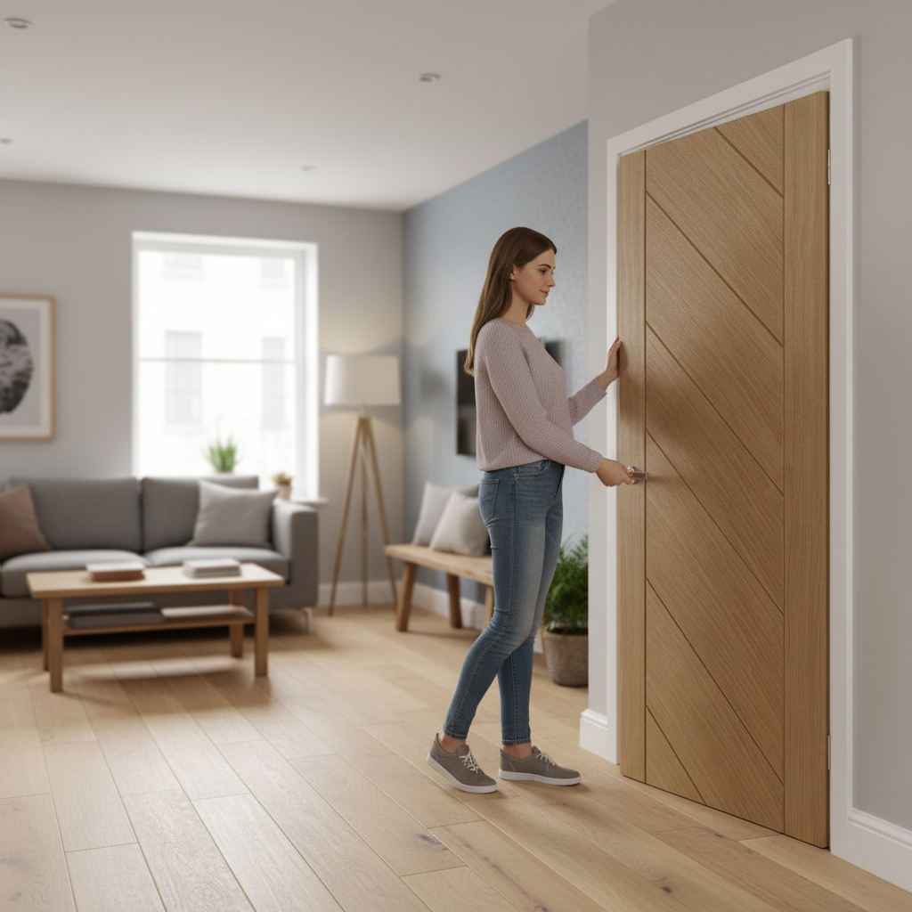 Premium Oak Internal Door with Diagonal Facing Panels and Deep U-Grooves for Modern Living Spaces