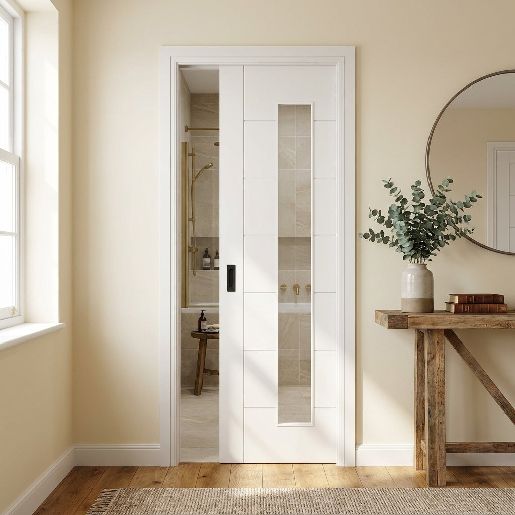 Internal Pocket Door Set White Primed with 1 Light Clear Glass 100mm Framed