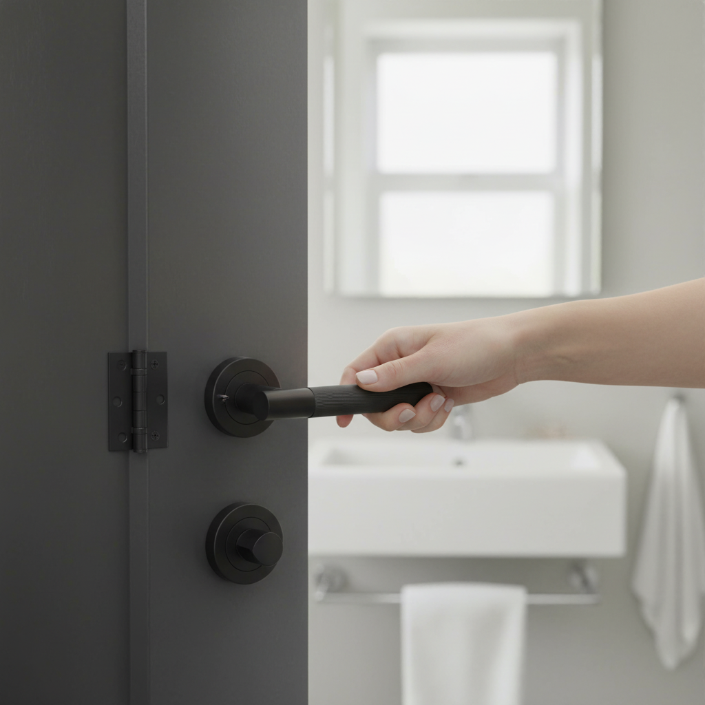 Round Rose Lever Door Bathroom Handle Set with Matt Black Finish and Privacy Bullet Latch for Enhanced Style and Security...