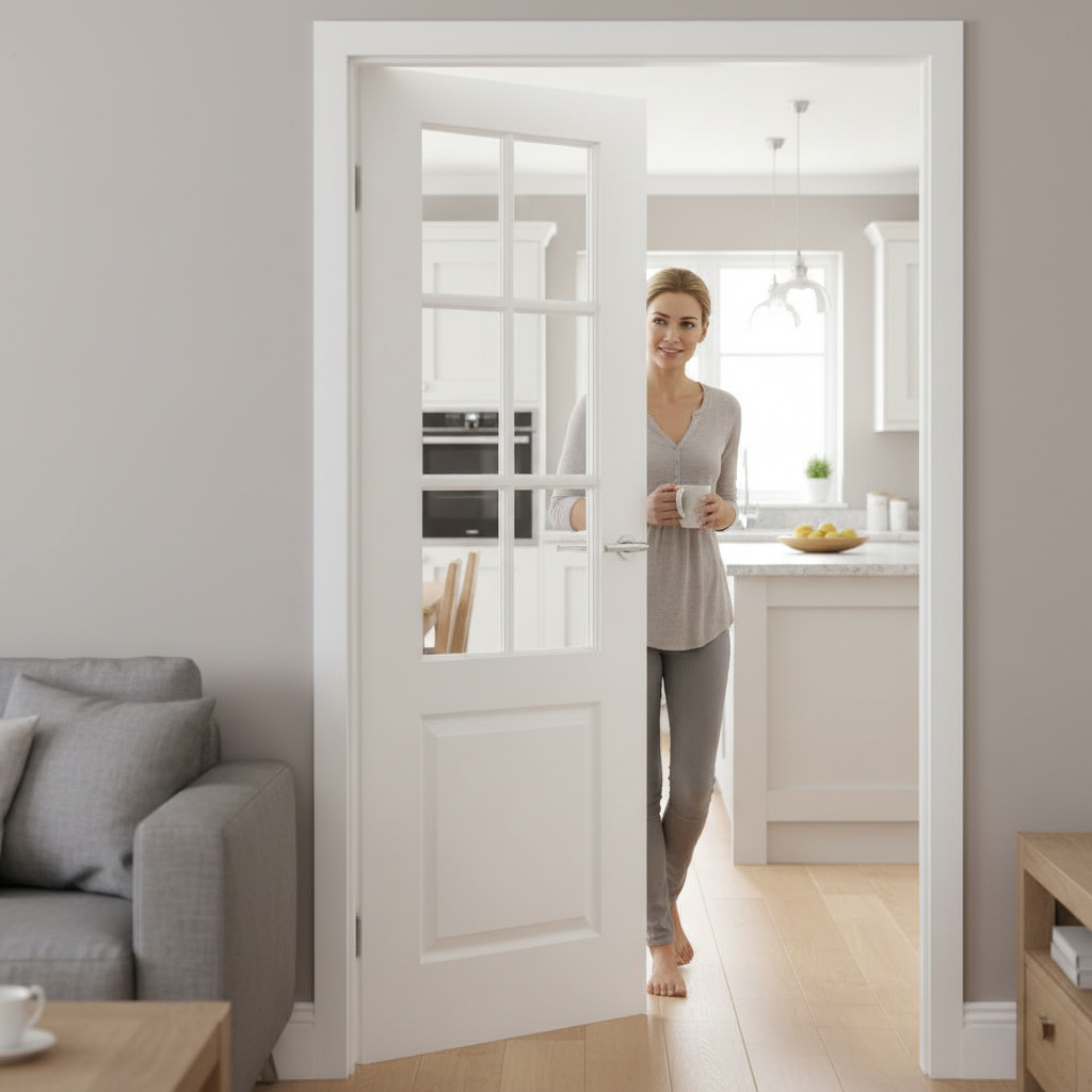 Premium White Moulded Glazed Internal Door with 6-Light Design and Clear Safety Glass
