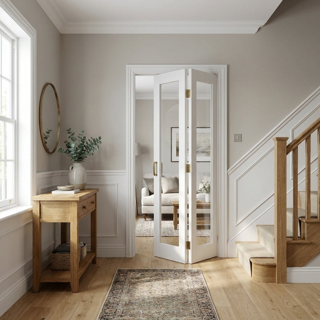 Internal White Bifold Door with Primed Finish and Clear Glass Pattern 10