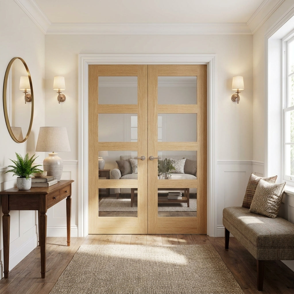 Internal Fully Finished Oak Edison 7-Panel Glazed Pair Door with 3 Lights