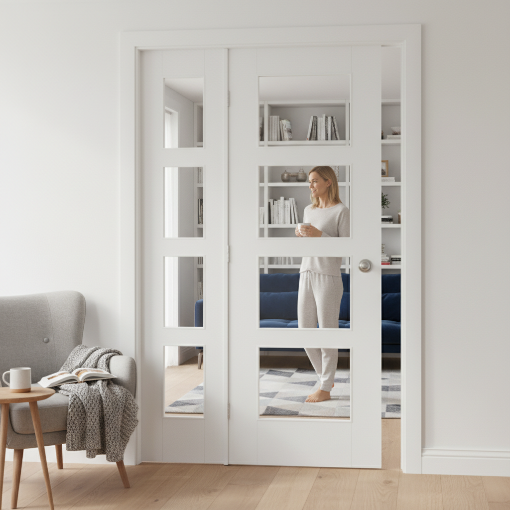 Premium White Room Divider with 4 Clear Glass Panels and Matching Demi Panel - Customizable Sizes Available