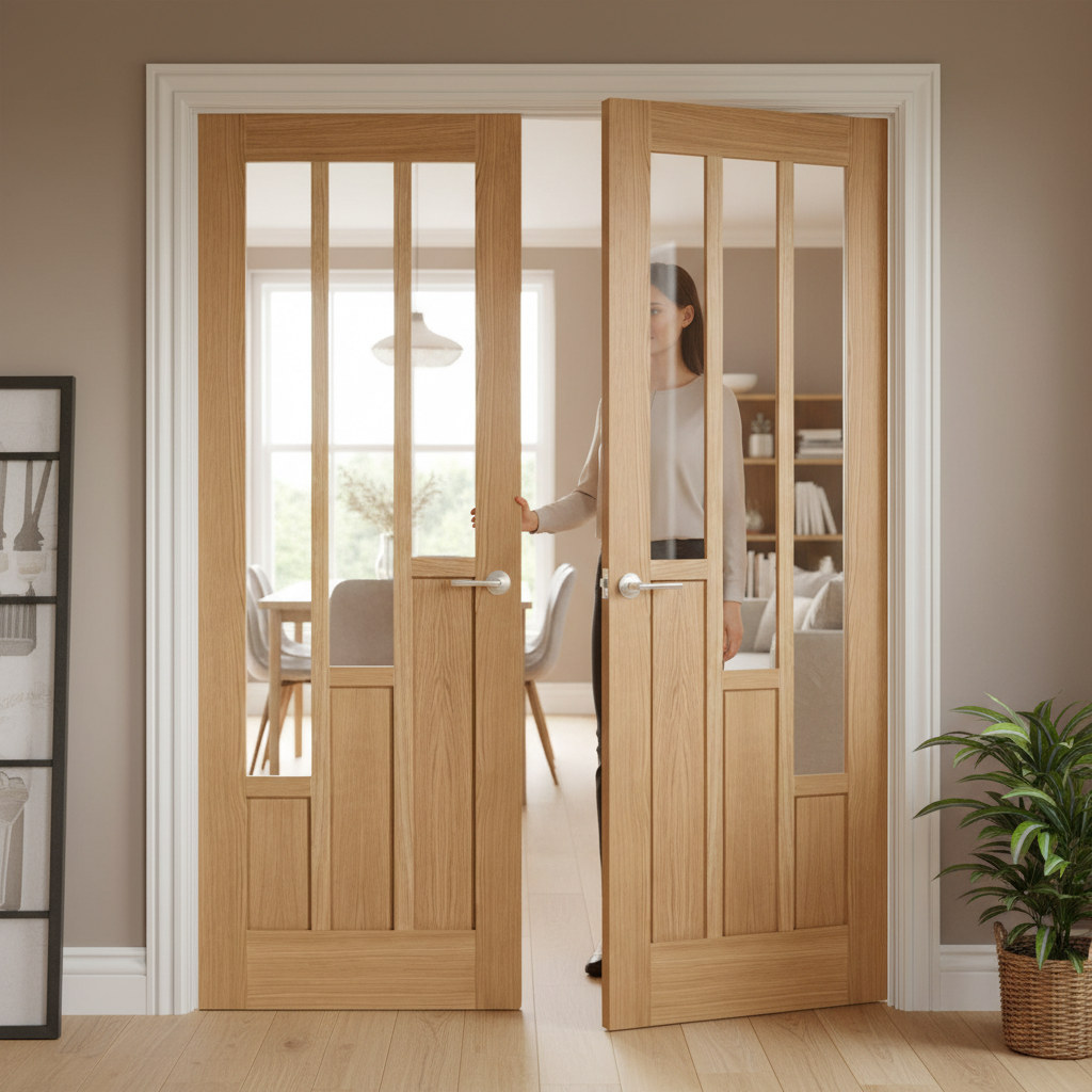 Premium Oak Glazed Internal French Door Pair with Clear Tempered Safety Glass and Engineered Construction for Strength and Stability