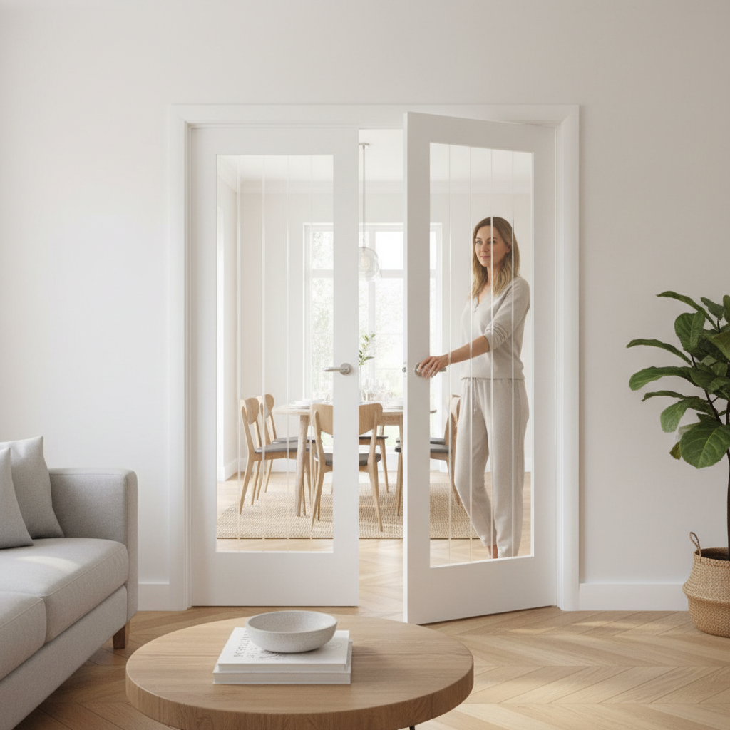 Premium Custom Made White Glazed French Doors with Etched Glass Design for Bespoke Home Aesthetics