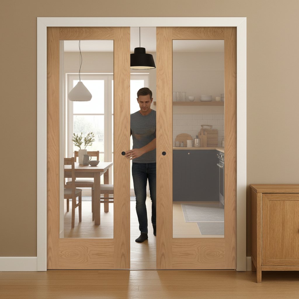 Premium Clear Glazed Double Pocket Door Set with Oak Frame for Elegant Space Transformation