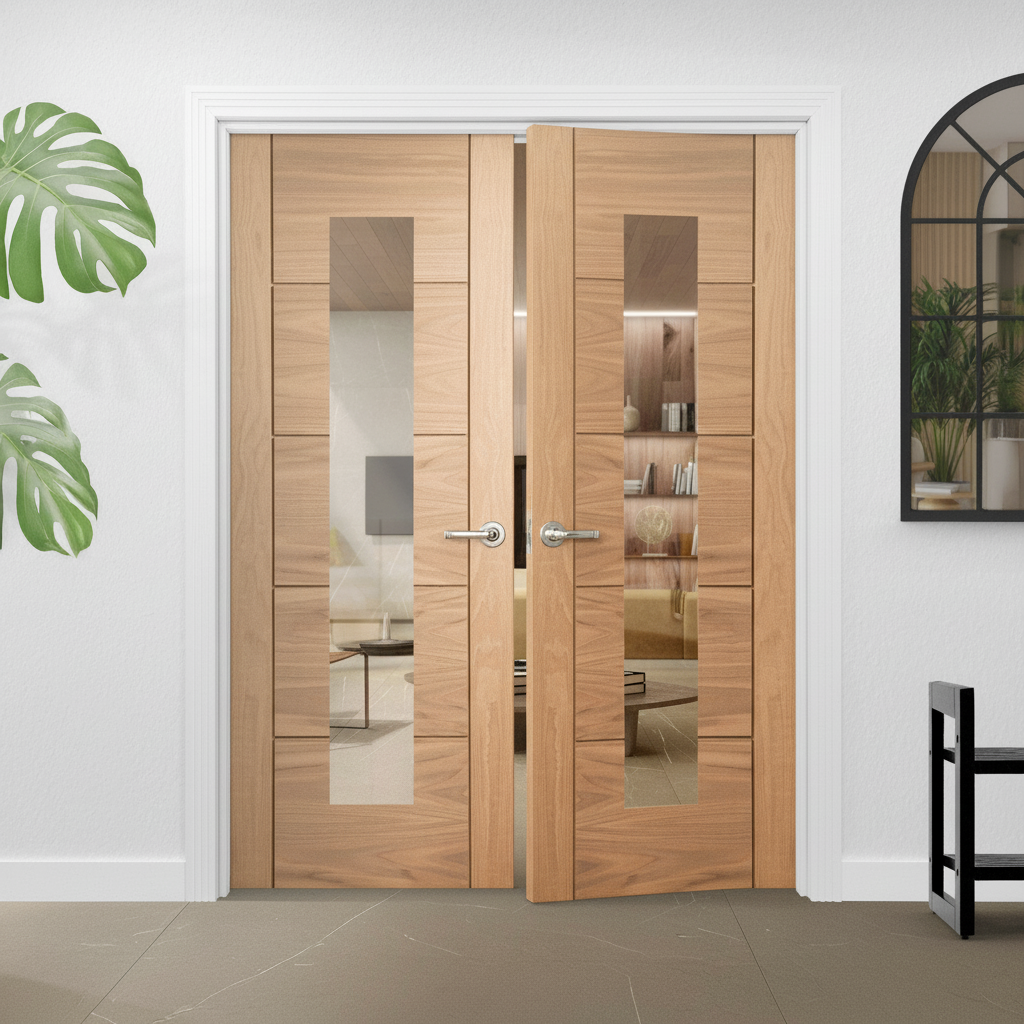 Premium Unfinished Oak Internal Door Pair with Glazed Panel, 35mm Thickness for Custom Finishing and Natural Light Enhancement