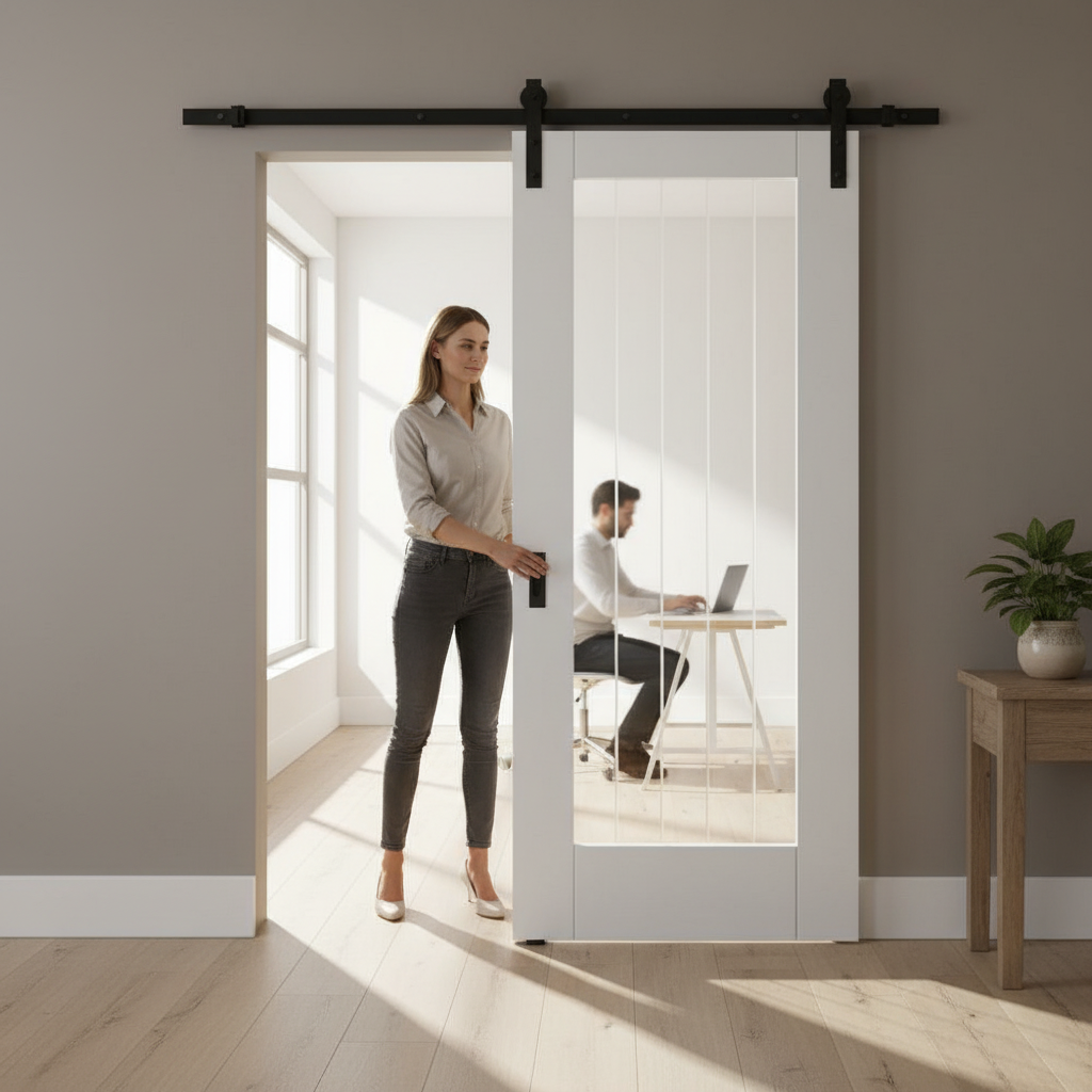 White Internal Primed Cottage Sliding Door with Clear Glass Pane and Black Steel Track for Modern and Rustic Interiors -...