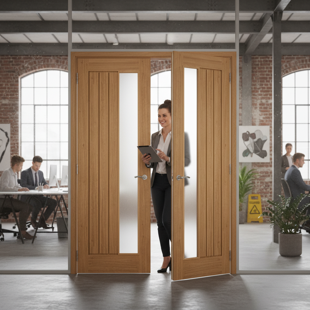 Premium Offset Glazed Fully Finished Door Pair with Raised Mouldings and Vertical Grooves for Natural Light and Privacy