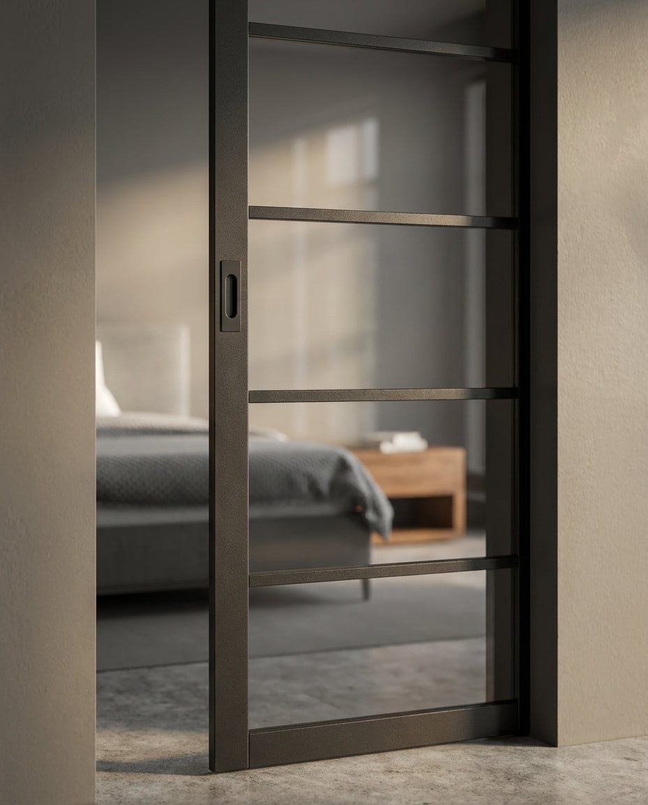 Internal Pocket Door Set, 100mm, Fully Finished, 5 Light Clear Glass, Jet Black - detail view