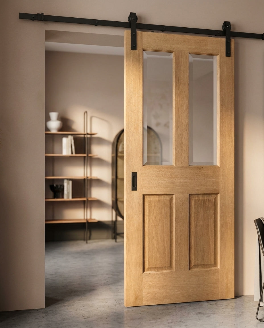 Oak Internal Sliding Door Unfinished Traditional 2 Panel 2 Light Clear Bevelled Glass - detail view