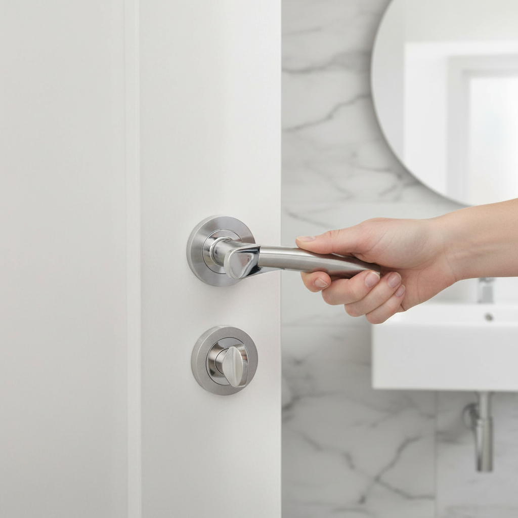 Premium Lever On Round Rose Bathroom Handle Set with Chrome Finish - Complete Package for Stylish Bathroom Doors - Image 2