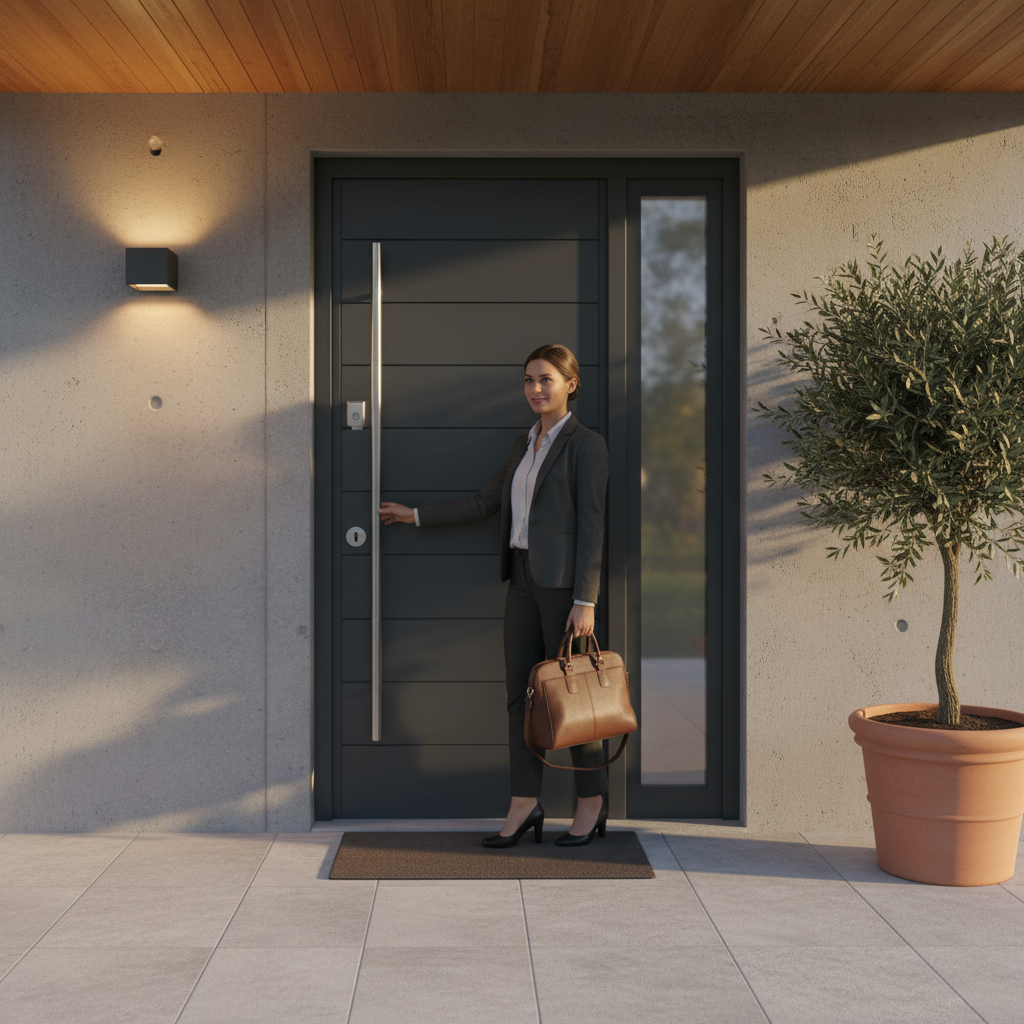 Premium Hardwood External Front Door with Modern Pull Bar Handle and Advanced Core Technology