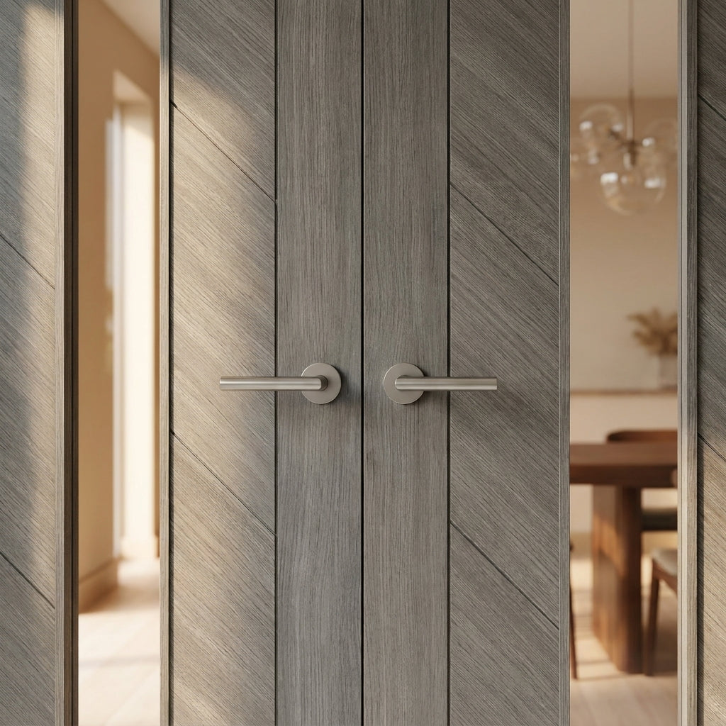 Internal Double Door with Light Grey Finish and Clear Toughened Glass - detail view