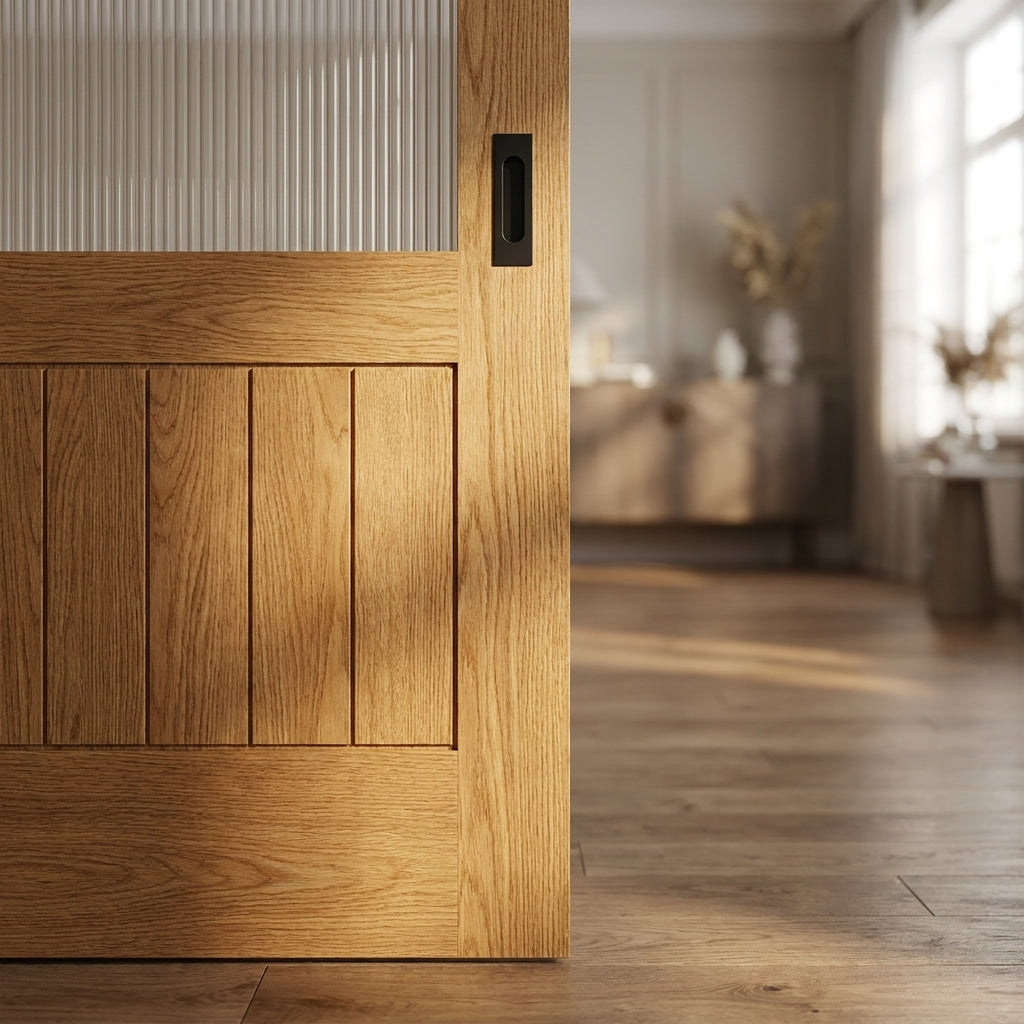 Oak Internal Sliding Door Unfinished Solid Core with Obscure Glass - detail view