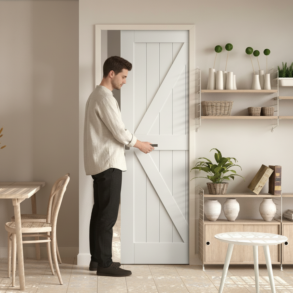 Premium White Primed Internal Barn Pocket Door Set with Rustic Design for Space Optimization